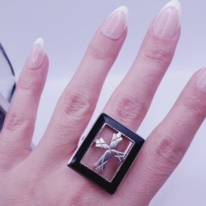 Genuine Black Onyx 925 Sterling Silver Vintage Statement Cross Ring